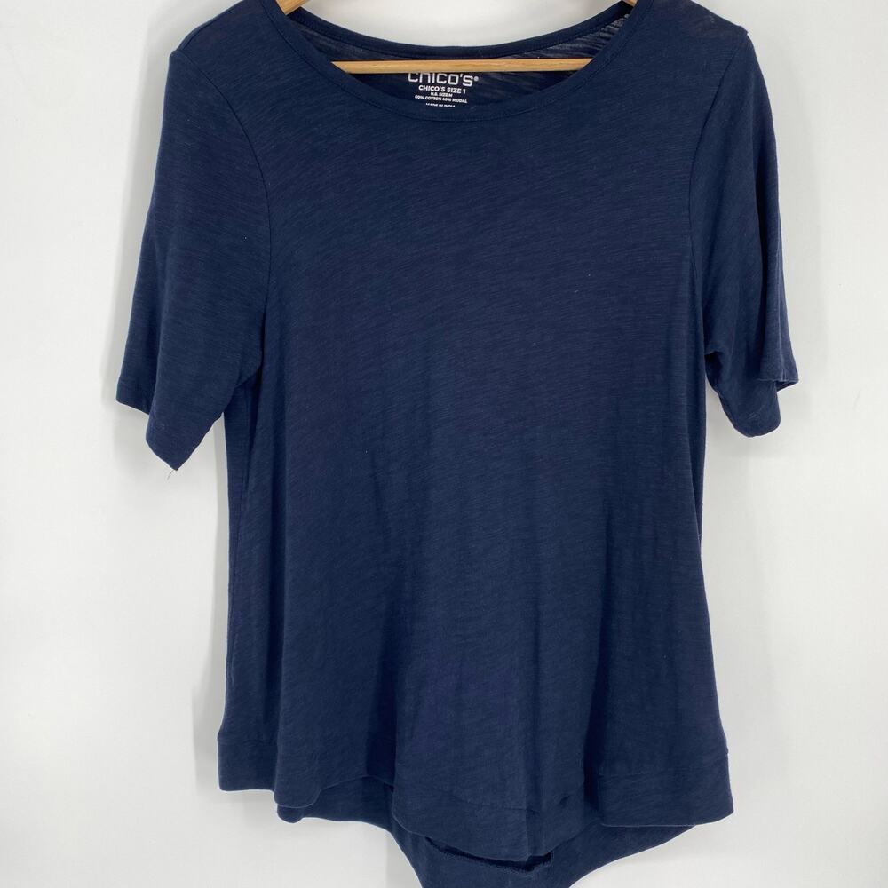 Chico’s Top Women’s Medium Navy Asymmetrical Hem Modal Traditional‎ Classic